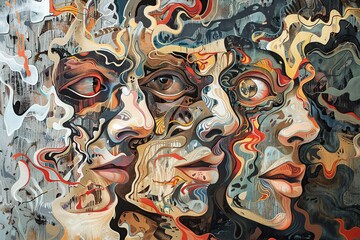 The image of a woman personifying a hypnotically split personality. Each part expresses different emotions, internal conflict and emotional experiences in different situations. Copy space. Banner