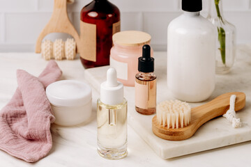 Bottles shampoo or shower gel Lotion, essential oil, cream, massage brushes, Body and face care...