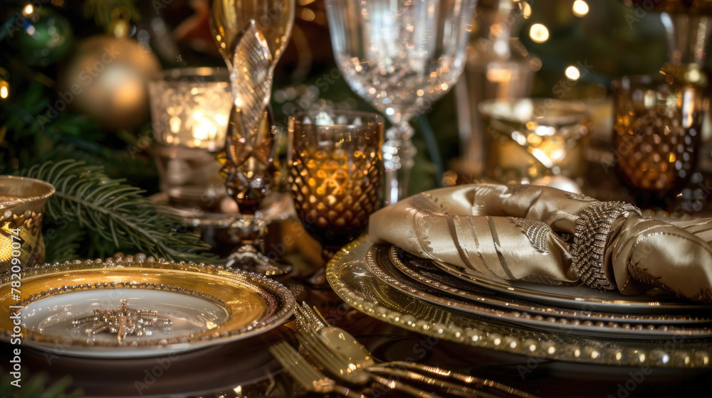 Poster a table is covered with an array of gold and silver plates, creating a luxurious and opulent display