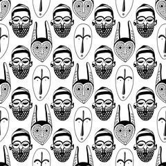 African masks - seamless pattern. Line art background design. Hand drawn outline artwork
