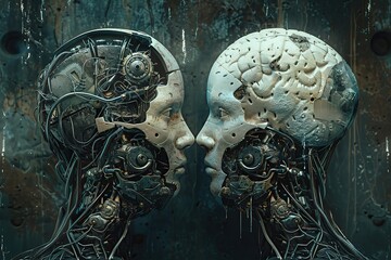 An image of two humanoid heads, one consisting of mechanical parts and the other of organic parts. they look at each other, symbolizing the intersection of AI with human emotions. Copy space. Banner