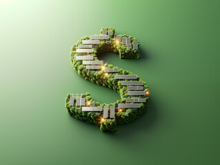 Solar energy and energy savings. Dollar symbol formed by trees and vegetation with solar panels, on a green background.