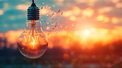 A light bulb radiates with warmth as birds take flight into the vibrant hues of the sunset