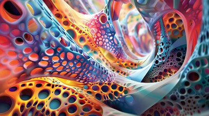 Against a backdrop of swirling patterns and vibrant colors, the 3D abstract multicolor visualization mesmerizes with its hypnotic allure, drawing the eye deeper into its intricate depths - obrazy, fototapety, plakaty