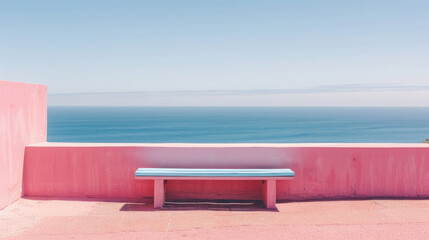A wooden bench perched on top of a vibrant pink wall overlooking the ocean. The blue waters create a striking contrast against the pink background