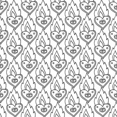 Alchemy flaming hearts seamless pattern. Doodle line art background design. Hand drawn cute artwork