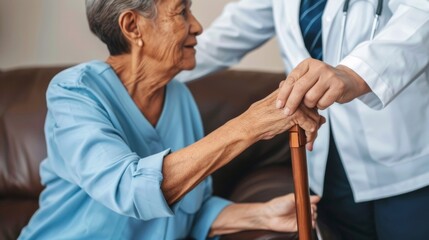 Obraz premium Attentively aiding a cheerful senior, the compassionate caregiver showcases the essence of dedicated in-home assistance, ensuring the elderly woman's well-being with warmth and diligence. 