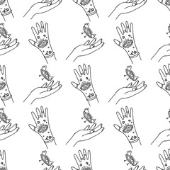Alchemy hands and eyes seamless pattern. Doodle line art background design. Hand drawn cute artwork