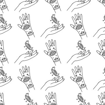 Alchemy hands and eyes seamless pattern. Doodle line art background design. Hand drawn cute artwork