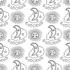 Alchemy sun and moon phases seamless pattern. Doodle line art background design. Hand drawn cute artwork