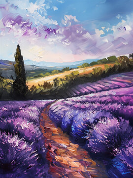 illustration oil painting lavender field provence france, lavender acrylic, travel provence