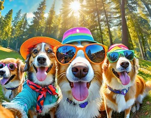 a group of happy dogs gathered together taking a selfie in a forest with sunshine in the back, dog on vacation concept