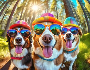 a group of happy dogs gathered together taking a selfie in a forest with sunshine in the back, dog on vacation concept