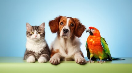 Three home pets next to each other on a light background funny collage