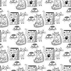 Cute cat and food - doodle seamless pattern. Hand drawn cute line art design. Outline artwork