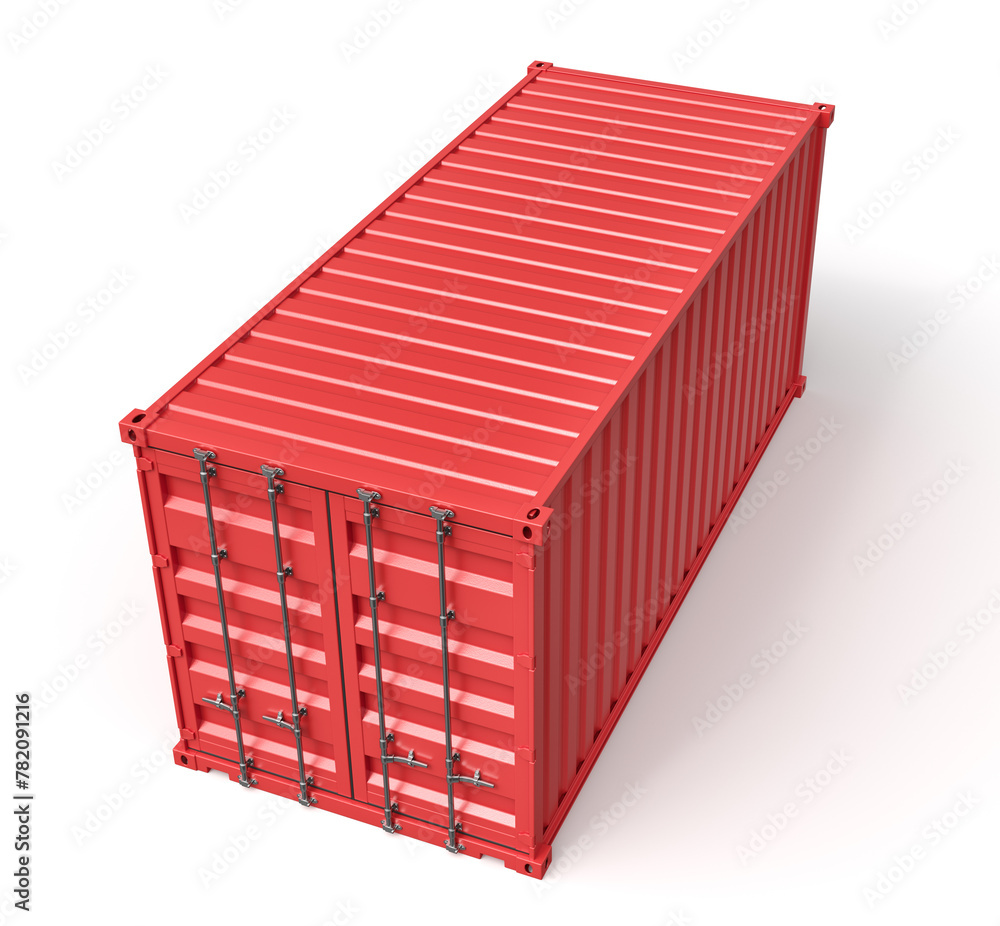 Poster 3d rendering of closed red cargo container isolated on white background.