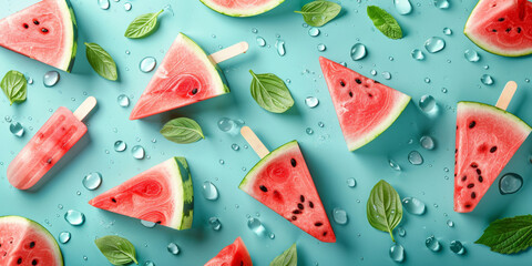 Slices of watermelon as popsicles on green background, summer creative concept