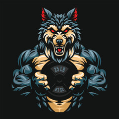Fitness wolf vector illustration, gym mascot character, wolf holding weight plate