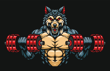 Wolf fitness or gym illustration design, wolf lifting dumbbells illustration. Wolf mascot character