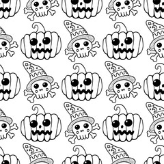 Halloween seamless pattern with skulls and pumpkins. Doodle cartoonish line art design. Hand drawn cute illustration