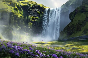 Waterfall flows through purple flowers in natural landscape