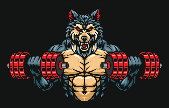 Wolf fitness or gym illustration design, wolf lifting dumbbells illustration. Wolf mascot character