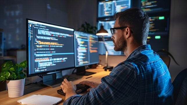 A dedicated software engineer, their gaze fixed on lines of code, navigating complex algorithms with precision and focus, sculpting digital landscapes with keystrokes.
