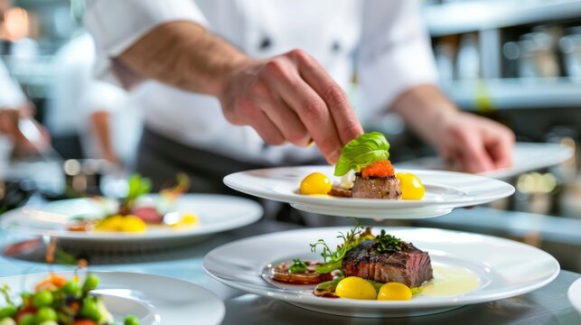 The camera zooms in, capturing the chef's focused gaze as they delicately wield their tools. Each movement is a testament to the fusion of creativity and expertise in the culinary world.
