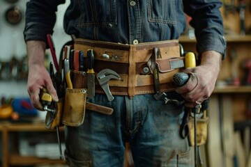 A portrait of a construction worker wearing a tool belt - obrazy, fototapety, plakaty
