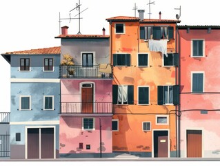 Watercolor illustration. Bright European multi-storey building, Venice, Italy
