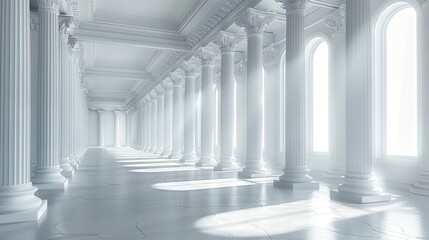 A long hallway with white marble columns and a white marble floor. The hallway is lit by a bright light at the end of the hall.