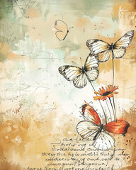 Vintage Butterfly and Daisy Flowers Background in Distressed Grunge Style