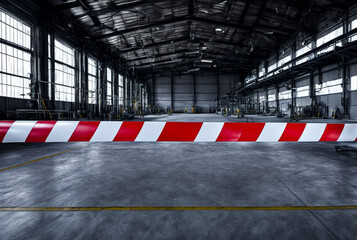 Barrier cross types on closed industry room indoors, danger zone, do not enter. Unsafe industrial area from warning red white lines barrier. Production shutdown concept, no open. Copy ad text space - obrazy, fototapety, plakaty