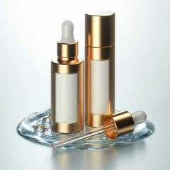 Golden bottle of serum placed on water, cosmetics, white background.