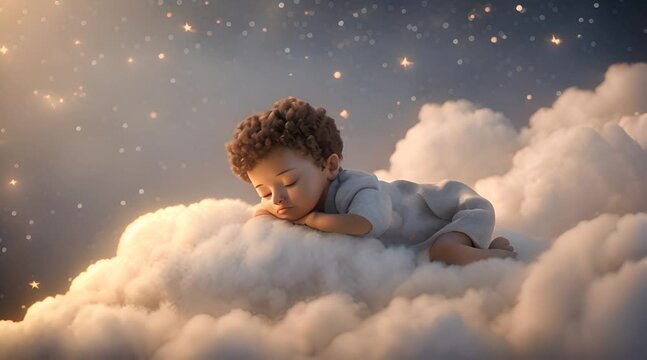 a child is sleeping quietly with his eyes closed on a soft cloud with a background of twinkling stars