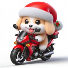  a cute puppy wearing Christmas Santa Claus hat riding motobike , funny, happy
