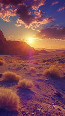 Sunrise in the red desert, yellow sand waves, the rising sun on cloudy sky, planet earth