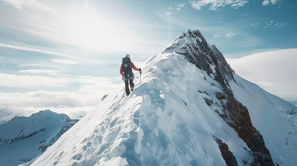 Climber climb to the top of a snowy mountain