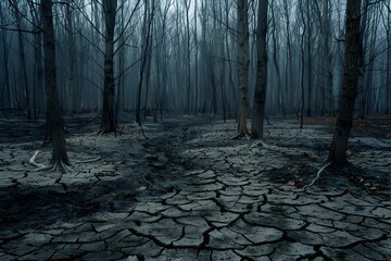 Barren Wasteland of Decaying Trees and Cracked Earth in Stark Monochrome Tones
