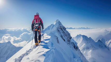 Climber climb to the top of a snowy mountain