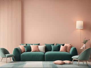 Livingroom in trend peach fuzz interior color . A pastel wall accent paint background. Peach green emerald of room interior design. Apricot salmon luxury 
