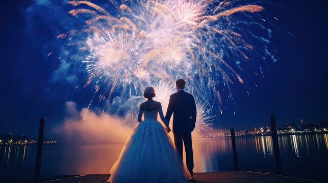 Rear view of a husband and wife wearing wedding dresses with fireworks in the background at night.AI generated image