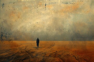 Lone Silhouette in Vast,Muted Landscape Evoking Solitary Contemplation and Introspective Journey - obrazy, fototapety, plakaty