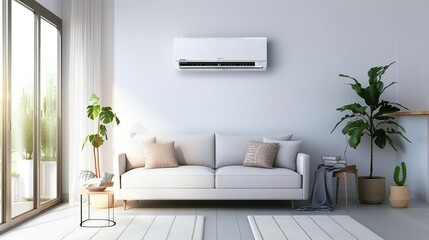 Sleek living room design featuring an air conditioner, neutral-toned sofa, and indoor greenery