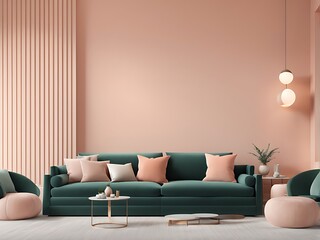 Livingroom in trend peach fuzz interior color . A pastel wall accent paint background. Peach green emerald of room interior design. Apricot salmon luxury 