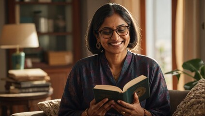 middle-aged Indian woman reading a book