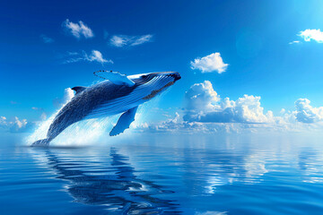 A blue whale jumping out of the water with a beautiful blue sky and white clouds in the background. - obrazy, fototapety, plakaty