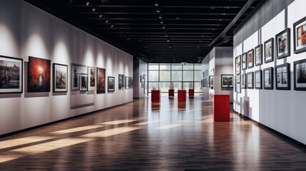 Modern Art Gallery with an exhibition of images pasted on the wall.AI generated image