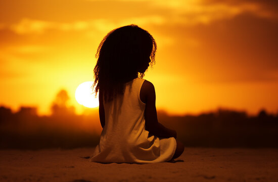 Prayer concept. Silhouette of a cute black girl child in a praying pose. Set against a vibrant sunset sunrise sky. Clasped hands. Also related to lamb of god, messiah, omnipotent, Paraclete, Pentecost