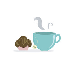 vector illustration of blue tea cup with chocolate cupcake - obrazy, fototapety, plakaty